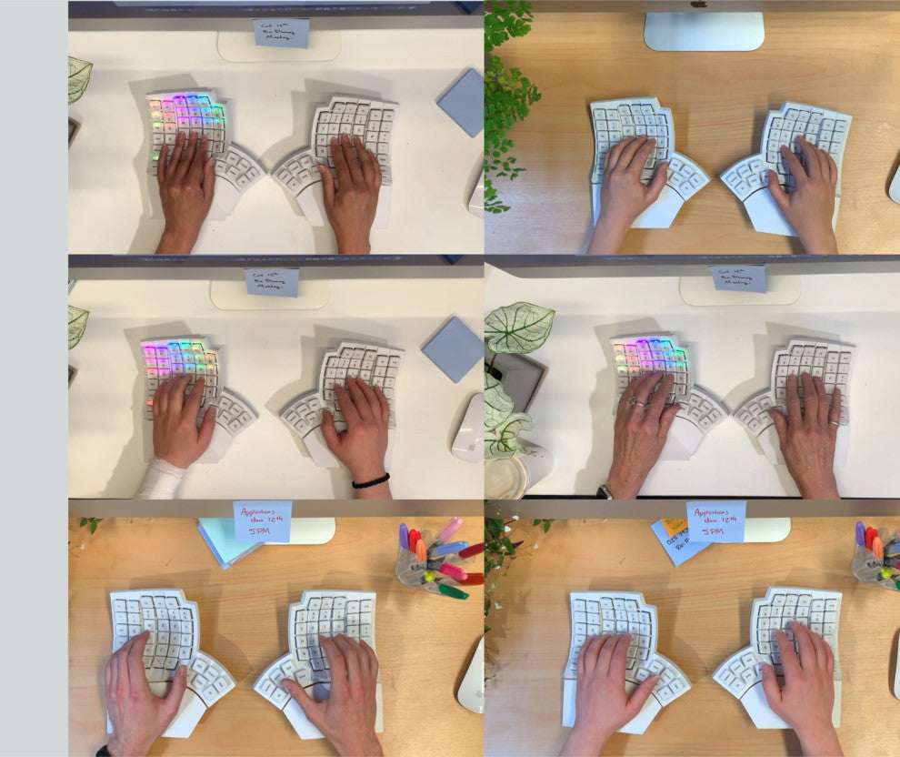 Various hand sizes shown ergonomically fitting when using the Glove80 keyboard