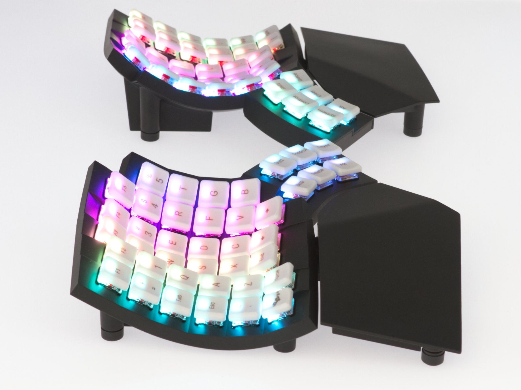 Glove80 gaming edition keyboard backlit with rainbow LED lights