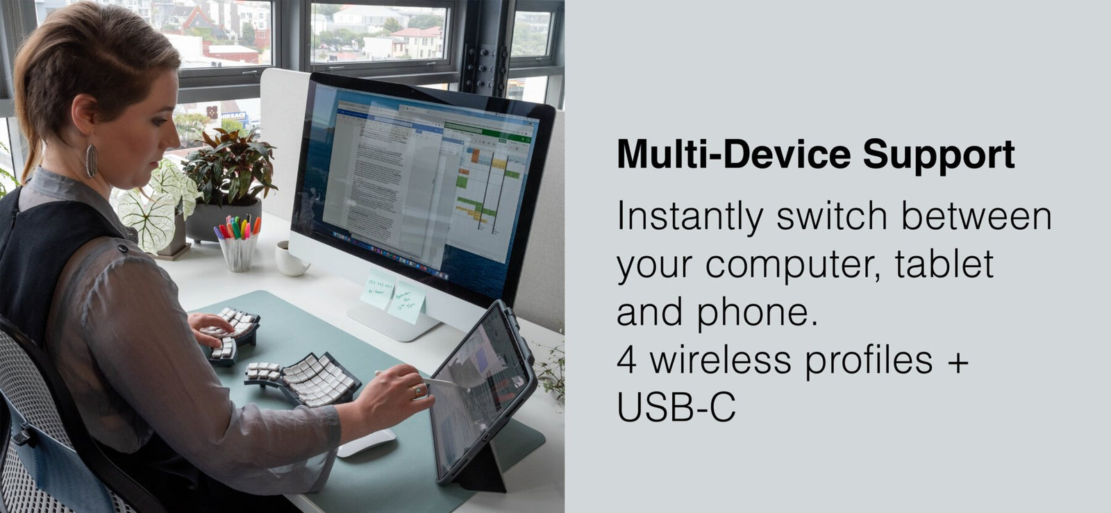 Person multi-tasking with proper ergonomics using Glove80 keyboard